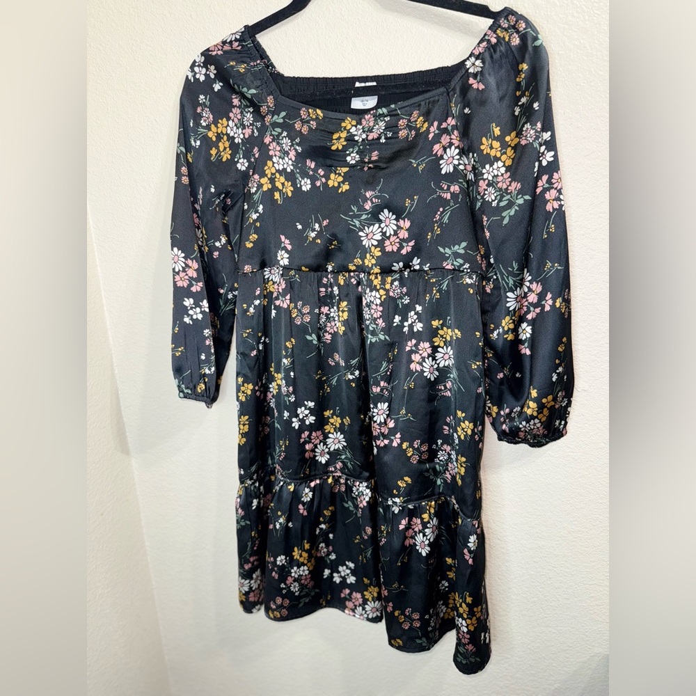 Abercrombie Kids Black Satin Floral Dress With Bishop Sleeves- Size 13/14